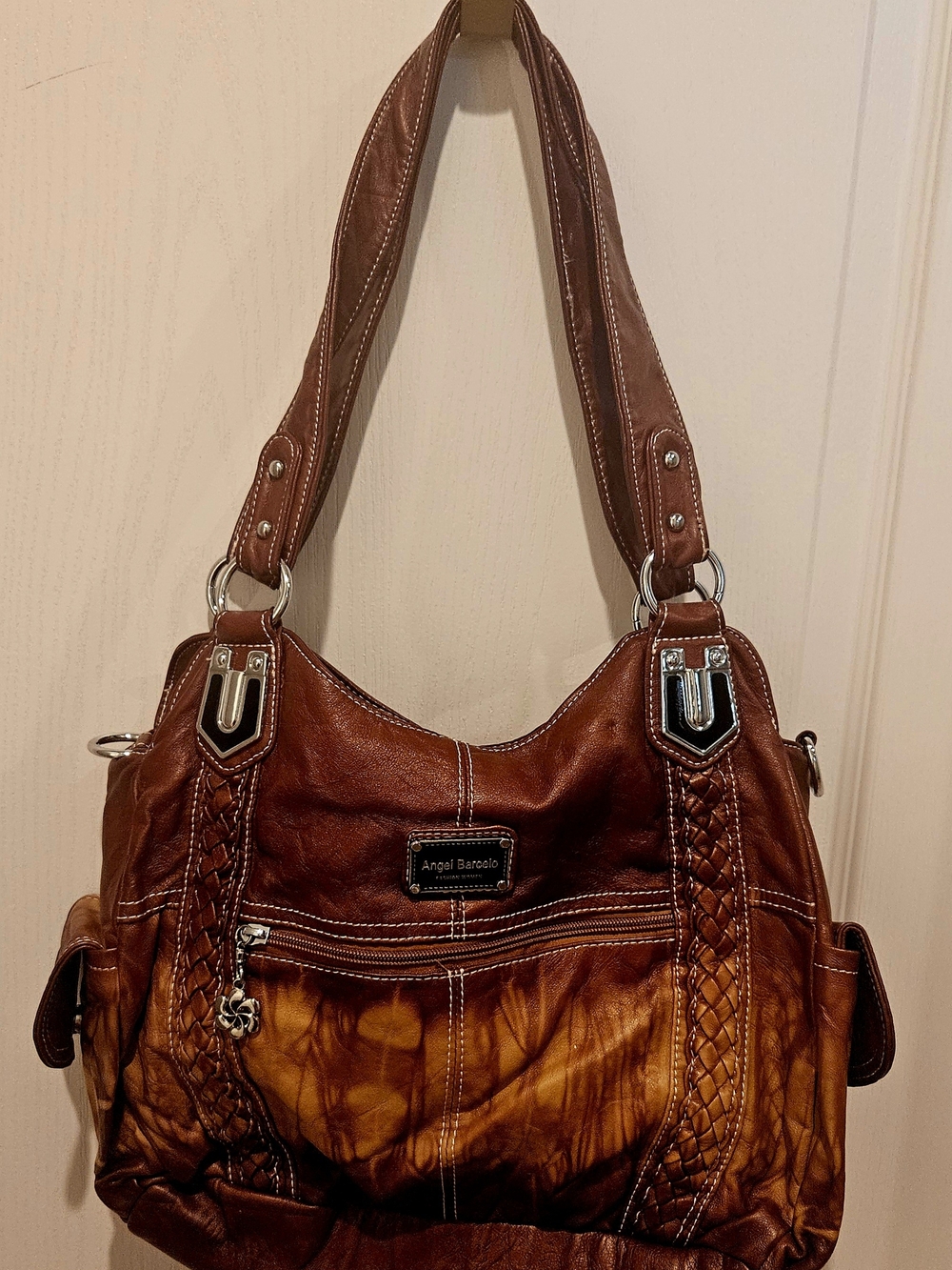 Brown Leather Shoulder Bag - Braided Strap Detail